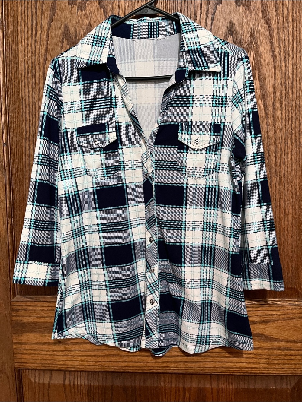 Navy & White Plaid Button-Front Shirt with Teal Accents